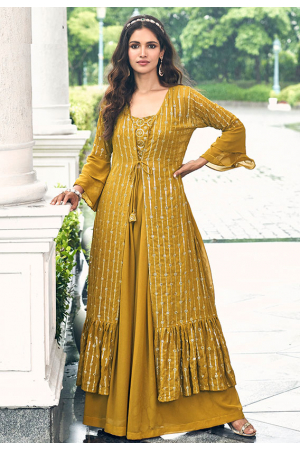 Mustard Embroidered Faux Georgette IndoWestern