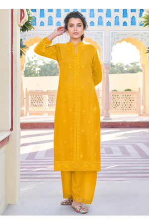 Mustard Embroidered Faux Georgette Kurti with Palazzo