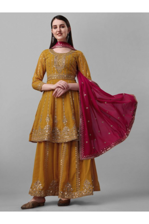 Mustard Embroidered Faux Georgette Palazzo Kameez