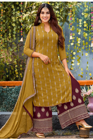 Mustard Embroidered Faux Georgette Palazzo Kameez