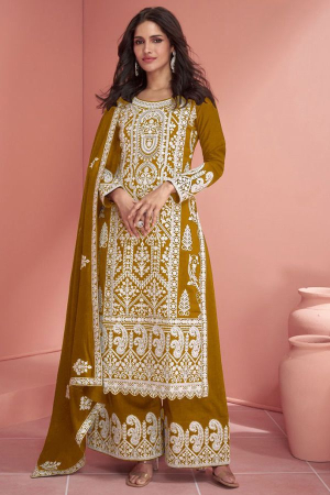 Mustard Embroidered Georgette Palazzo Kameez for Festival