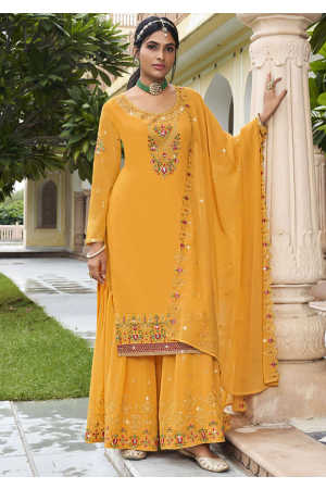 Mustard Embroidered Georgette Palazzo Kameez