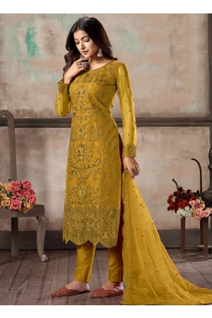 Mustard Embroidered Net Pant Kameez