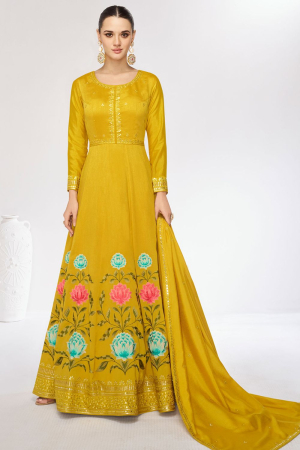 Mustard Embroidered Silk Anarkali Dress for Festival