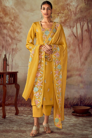 Mustard Embroidered Silk Plus Size Pant Kameez