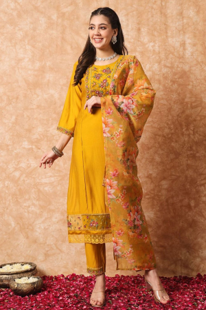 Mustard Embroidered Viscose Readymade Pant Kameez