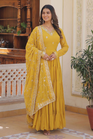 Mustard Faux Georgette Gown with Embroidered Dupatta