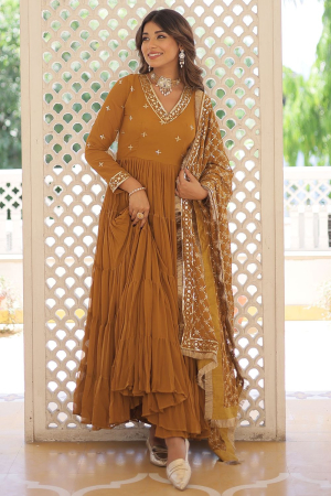 Mustard Flared Faux Georgette Anarkali Gown with Dupatta