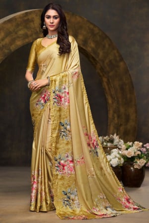 Mustard Floral Print Satin Silk Saree