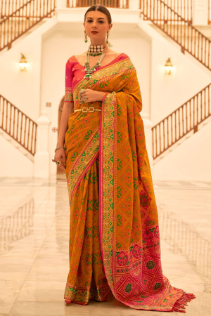 Mustard Patola Banarasi Silk Saree for Wedding