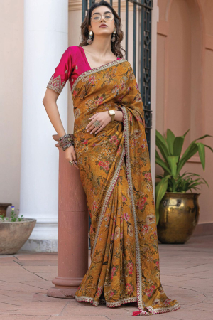 Mustard Viscose Saree with Embroidered Blouse