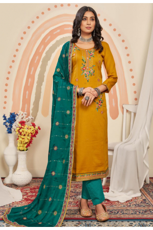 Mustard Yellow Embroidered Cotton Silk Pant Kameez