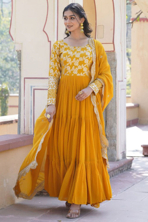 Mustard Yellow Embroidered Faux Georgette Gown with Dupatta