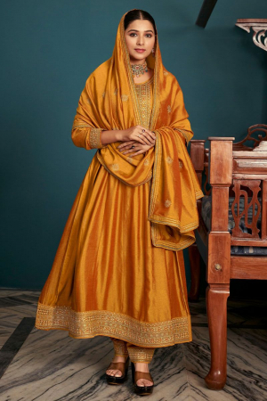 Mustard Yellow Embroidered Silk Readymade Pant Kameez