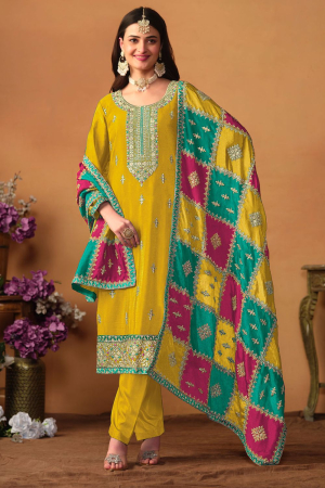 Mustard Yellow Embroiudered Trouser Kameez Suit
