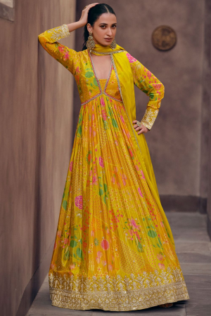 Mustard Yellow Flared Georgette Anarkali Gown with Dupatta