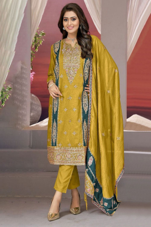 Mustard Yellow Floral Embroidered Pant Kameez Suit