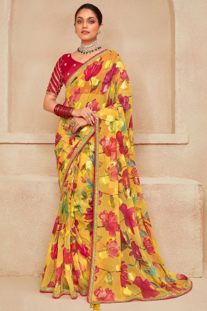 Mustard Yellow Georgette Saree with Embroidered Blouse