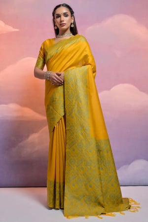 Mustard Yellow Handloom Raw Silk Woven Saree