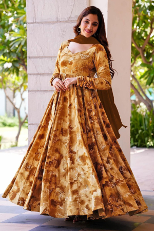 Mustard Yellow Heavy Digital Printed Gown with Dupatta