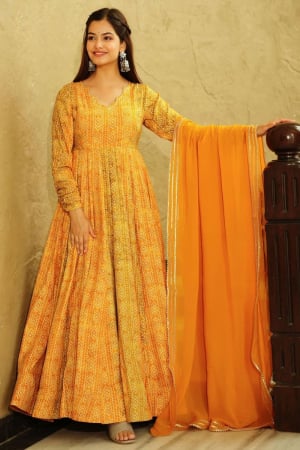 Mustard Yellow Heavy Georgette Digital Printed Gown