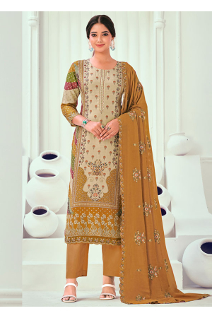 Mustard Yellow Muslin Embroidered Party Wear Suit