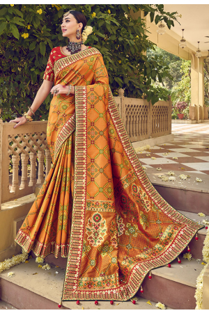 Mustard Yellow Pure Patola Silk Saree with Double Blouse