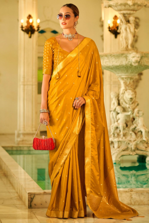 Mustard Zari Weaving Satin Silk Saree
