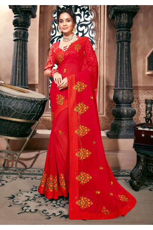 Hot Red Embroidered Chiffon Saree