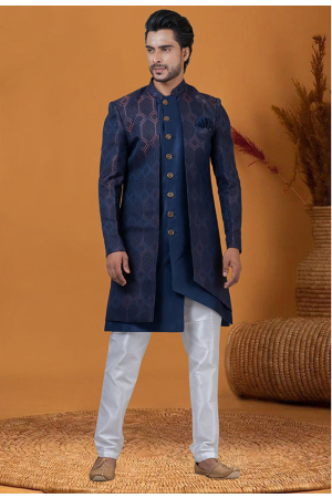 Navy Blue  Jacquard Silk Indo Western Outfit