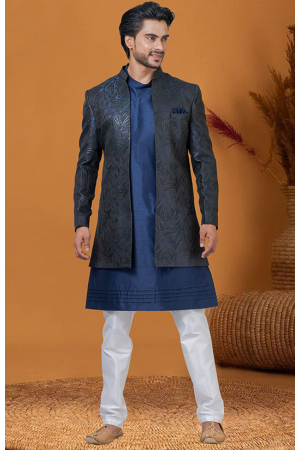 Navy Blue and Black Jacquard Silk Indo Western Outfit