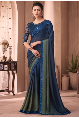 Navy Blue and Dusty Grey Silk Saree with Embroidered Blouse
