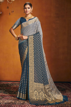 Navy Blue and Grey Georgette Party Wear Saree