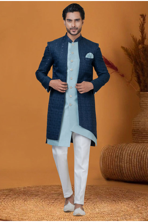 Navy Blue and Mint Blue Jacquard Silk Indo Western Outfit