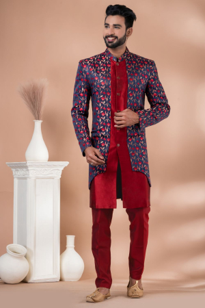 Navy Blue and Red Indo Western Outfit for Wedding