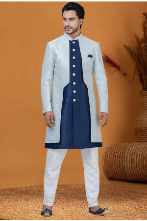 Navy Blue and Sky Blue Jacquard Silk Indo Western Outfit