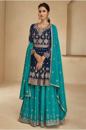 Navy Blue and Turquoise Real Georgette Lehenga Suit