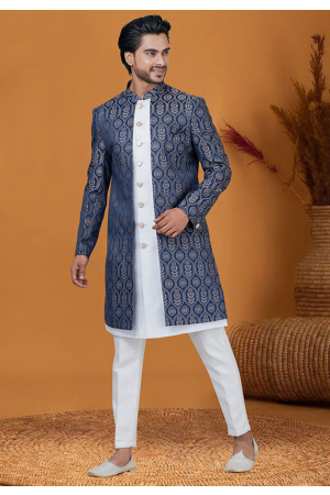 Navy Blue and White Jacquard Silk Indo Western Outfit