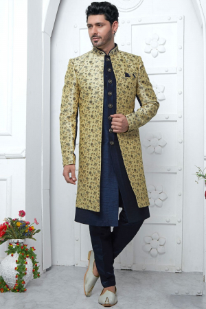 Navy Blue and Yellow Jacquard Silk 3 Pc Indo Western Outfit