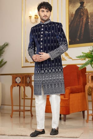 Navy Blue Art Silk Indo Western Outfit for Wedding