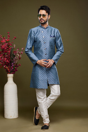 Navy Blue Banarasi Jacquard Indo Western Outfit