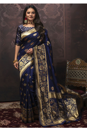Navy Blue Banarasi Silk Saree