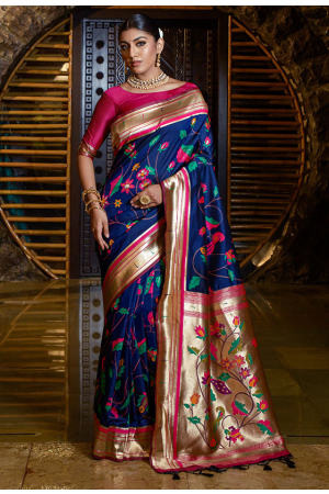 Navy Blue Banarasi Silk Woven Saree