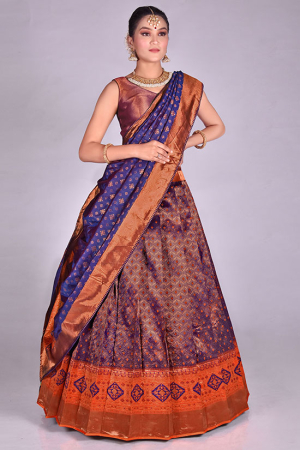 Navy Blue Banarasi Silk Zari Weaving Lehenga Choli Set