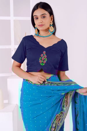 Navy Blue Cotton Embroidered Blouse