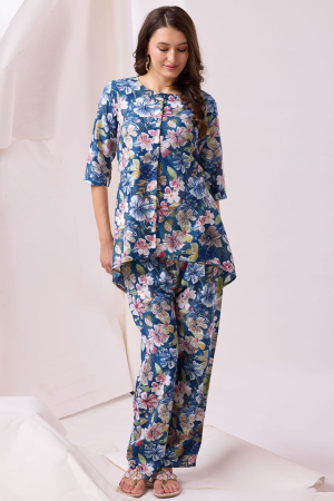 Navy Blue Cotton Floral Printed Co-Ord Set