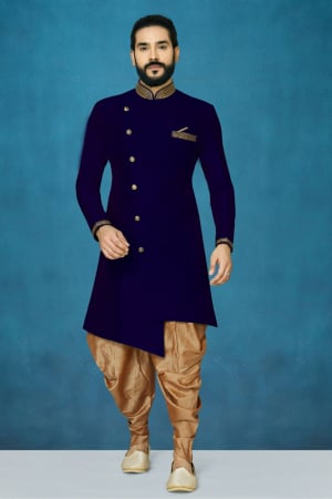 Navy Blue Dupion Art Silk Indo Western Outfit