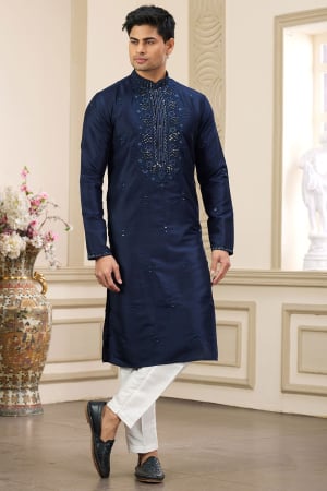 Navy Blue Embroidered Banarasi Art Silk Kurta Set