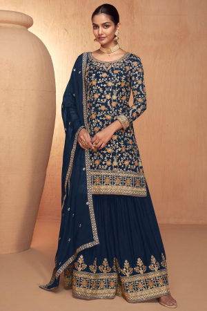 Navy Blue Embroidered Chinnon Designer Palazzo Kameez