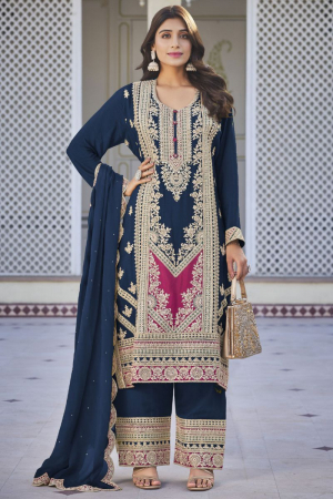 Navy Blue Embroidered Chinnon Trouser Kameez